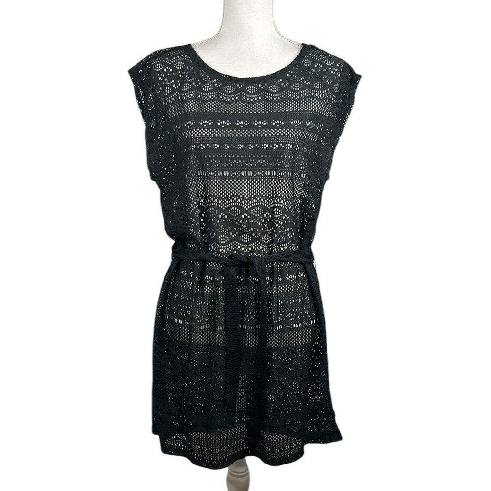 Merona Black Open Mesh Short Sleeve Swimsuit Cover Up with Front Tie Size Medium